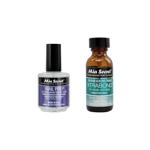 Mia Secret Professional Natural Nail Prep Dehydrate 0.5 oz and Xtra Bond 1 oz , Acid-Free Primer Set. Superior Bonding Primer for Acrylic Powder and Gel Nail Polish. Nail, Long-Lasting.