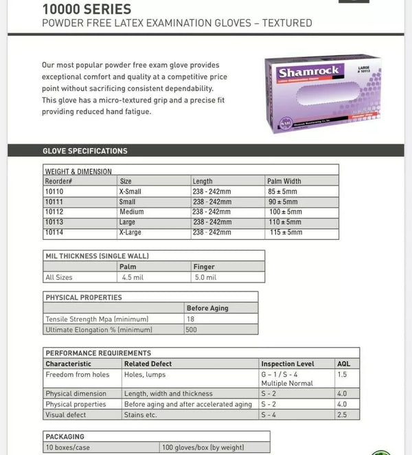 Shamrock - Guantes de examen de látex texturizados sin polvo - Talla L, paquete de 500 guantes